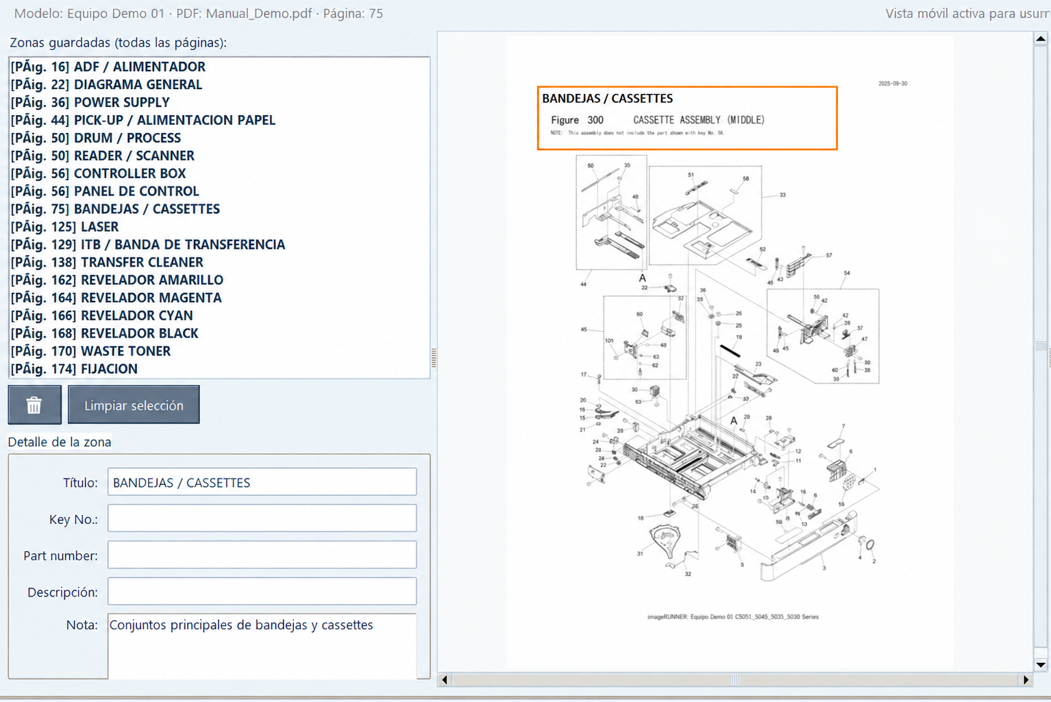 Captura adaptada del despiece: zonas del manual y diagrama de bandejas, con datos ficticios